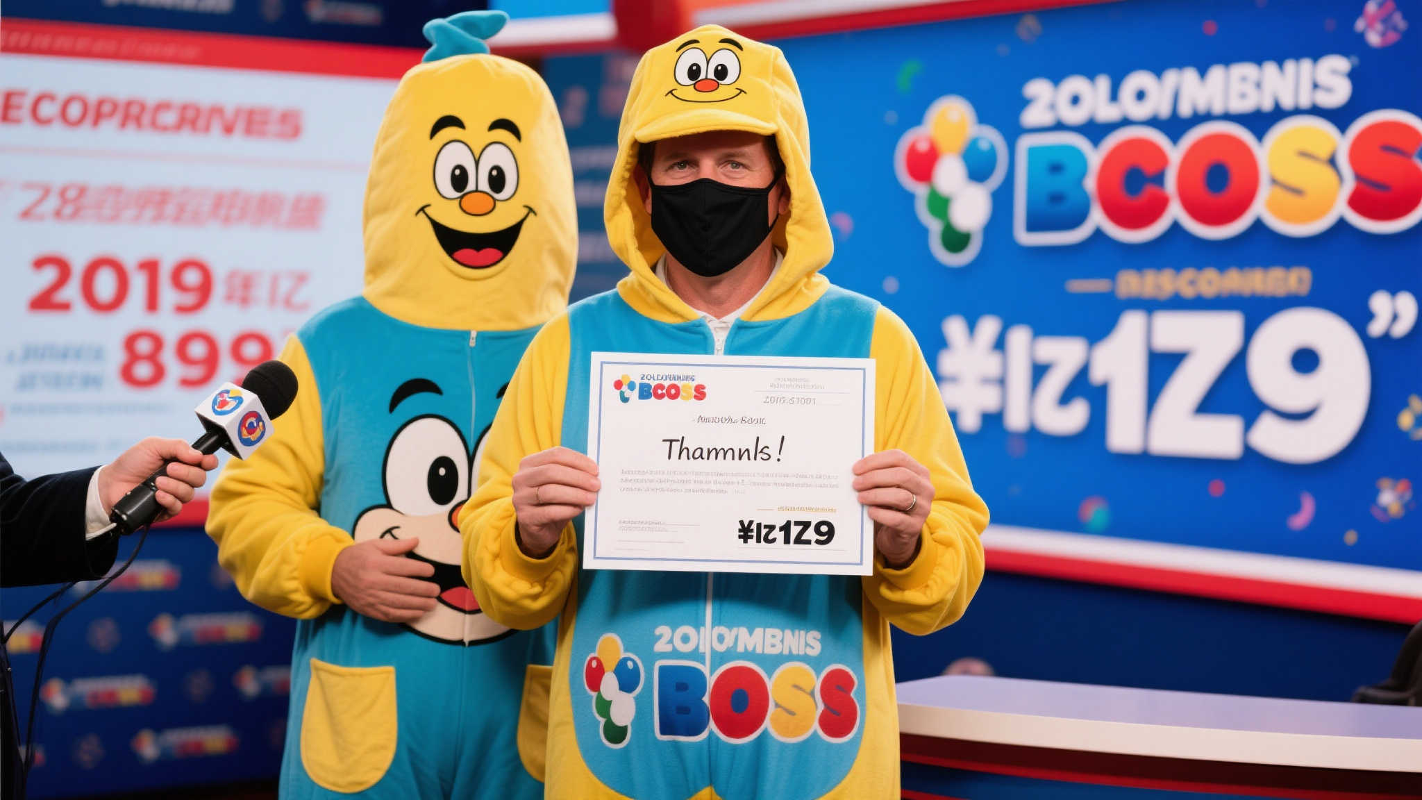 双色球5.25亿大奖得主穿卡通服装现身 全程需人搀扶领奖